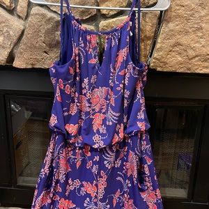 London Time capri length romper, blue with floral design, soft, size 12